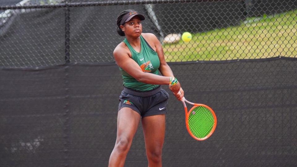 Florida A&M's Reagan Harris participates in a match at the Althea Gibson Tennis Complex.