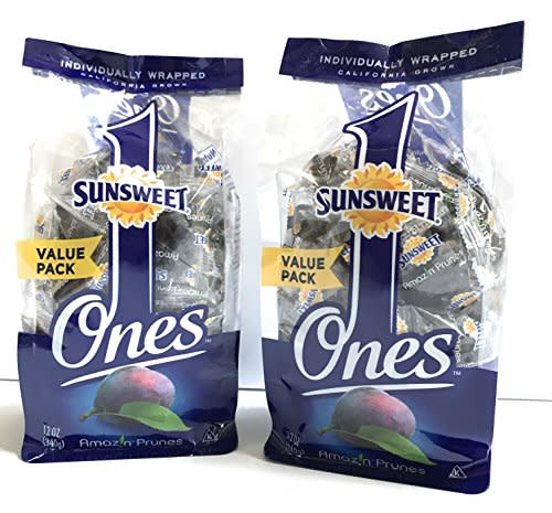 Prunes Pitted Individually Wrapped Sunsweet Individual Pitted Prunes Value Pack - 2 Packs (12 oz each) of Individually Wrapped Dried Prunes - Sweet, Delicious and a GREAT VALUE! (Amazon / Amazon)