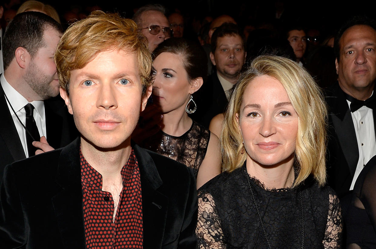 LOS ANGELES, CA - FEBRUARY 08:  Musician Beck (L) and actress Marissa Ribisi during The 57th Annual GRAMMY Awards at the STAPLES Center on February 8, 2015 in Los Angeles, California.  (Photo by Lester Cohen/WireImage)