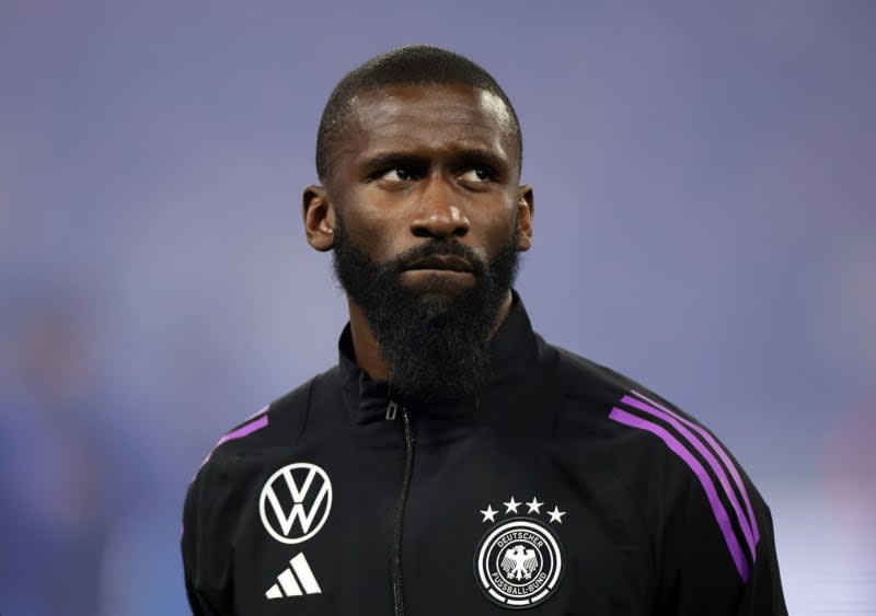 Germany's Antonio Ruediger lines up before the  the International friendly soccer match between France and Germany at Groupama Stadium. Ruediger and the German Football Federation (DFB) have filed a criminal complaint against a journalist who made critical remarks online in reference to a post from Rüdiger at the start of the Muslim fasting period of Ramadan. Christian Charisius/dpa