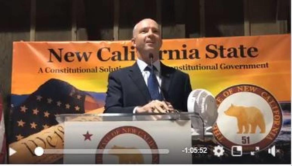 San Luis Obispo County District Attorney Dan Dow speaks at an Oct. 13, 2020, “New California State” event in Pismo Beach that featured controversial conservative activist Candace Owens.