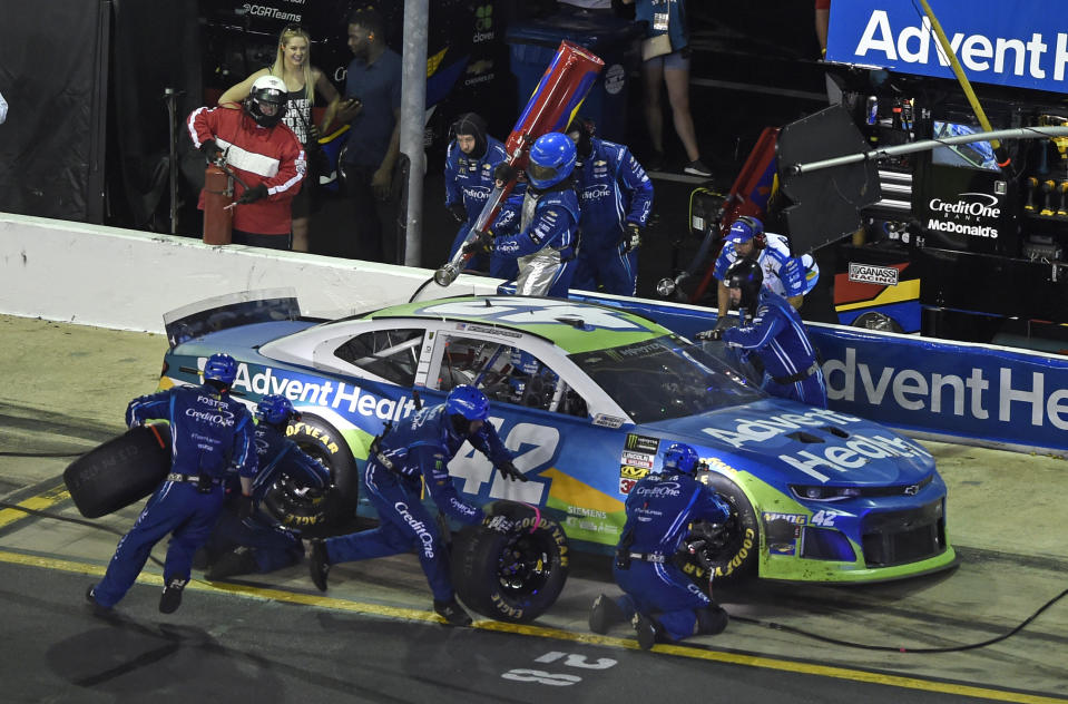 Kyle Larson pis during the NASCAR All-Star Race at Charlotte Motor Speedway in Concord, N.C., Saturday, May 18, 2019. (AP Photo/Mike McCarn)