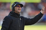 Baltimore Ravens head coach John Harbaugh reacts during the first half of an NFL football game against the Cleveland Browns, Sunday, Dec. 12, 2021, in Cleveland. (AP Photo/David Richard)