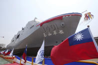 This photo shows the Yushan transport ship during a launch ceremony for its first indigenous amphibious transport dock in Kaohsiung, southern Taiwan, Tuesday, April 13, 2021. (AP Photo/Chiang Ying-ying)