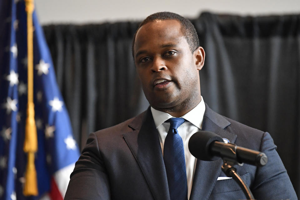 FILE - Kentucky Attorney General Daniel Cameron speaks during a news conference in Frankfort, Ky., Wednesday, Sept. 23, 2020. The Republican attorneys general of Kentucky and Tennessee have added their voices objecting to a rule in the $1.9 trillion pandemic relief plan that bars states from using its funds to offset tax cuts. Accusing the federal government of an “unprecedented power grab," Kentucky Attorney General Daniel Cameron and Tennessee Attorney General Herbert Slatery III filed suit Tuesday, April 6, 2021 in a federal district court in Kentucky. (AP Photo/Timothy D. Easley)