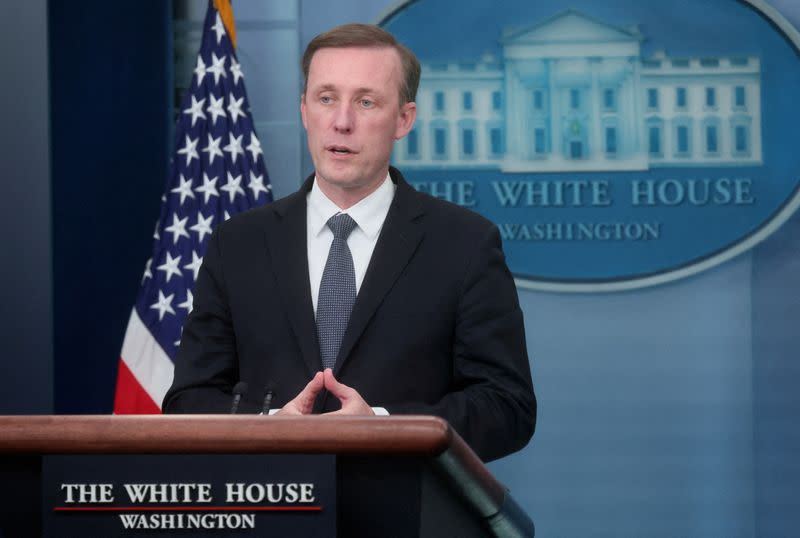 FILE PHOTO: U.S. National Security Adviser Jake Sullivan speaks during a press briefing at the White House