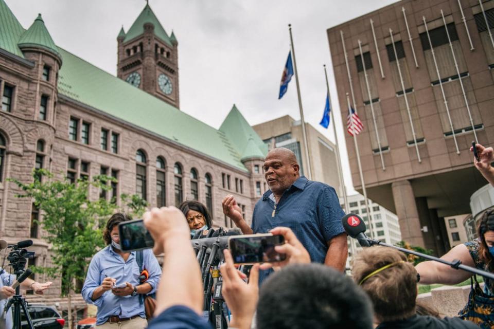 Selwyn Jones, uncle of George Floyd, speaks with reporters in front of the Hennepin County Public Safety Facility in Minneapolis, Minnesota