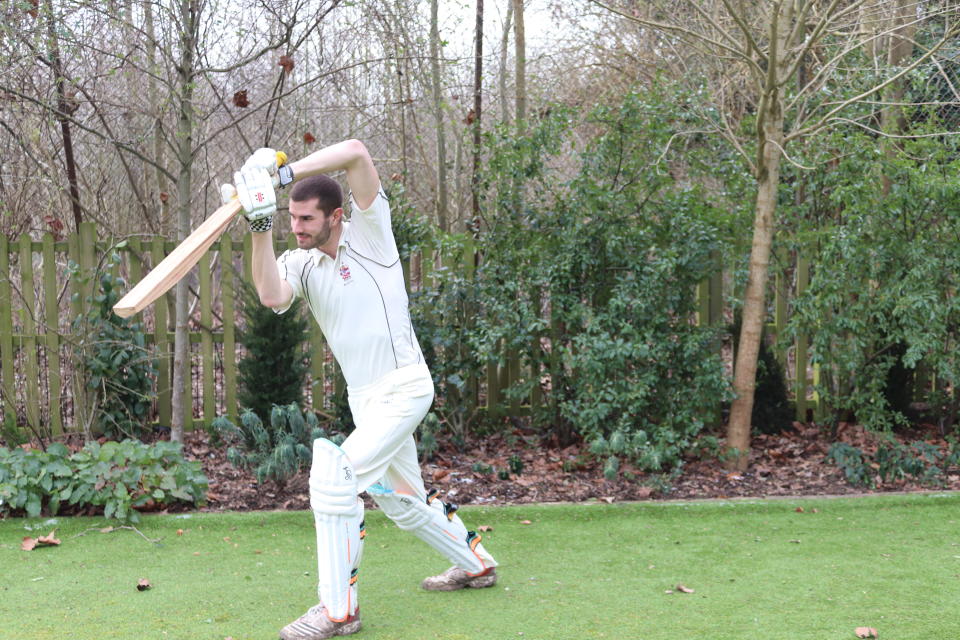 Study co-author Ben Tinkler-Davies uses the prototype bamboo cricket bat. (Cambridge University/ PA)