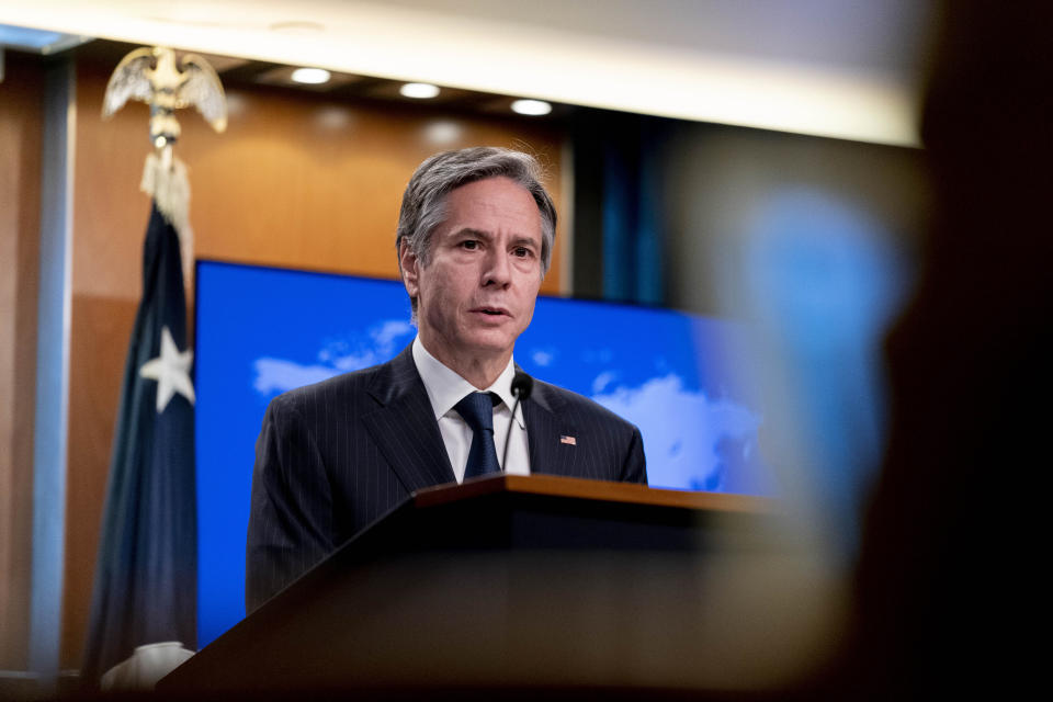 US Secretary of State Antony Blinken speaks at a news conference. (AP Photo/Andrew Harnik, Pool)