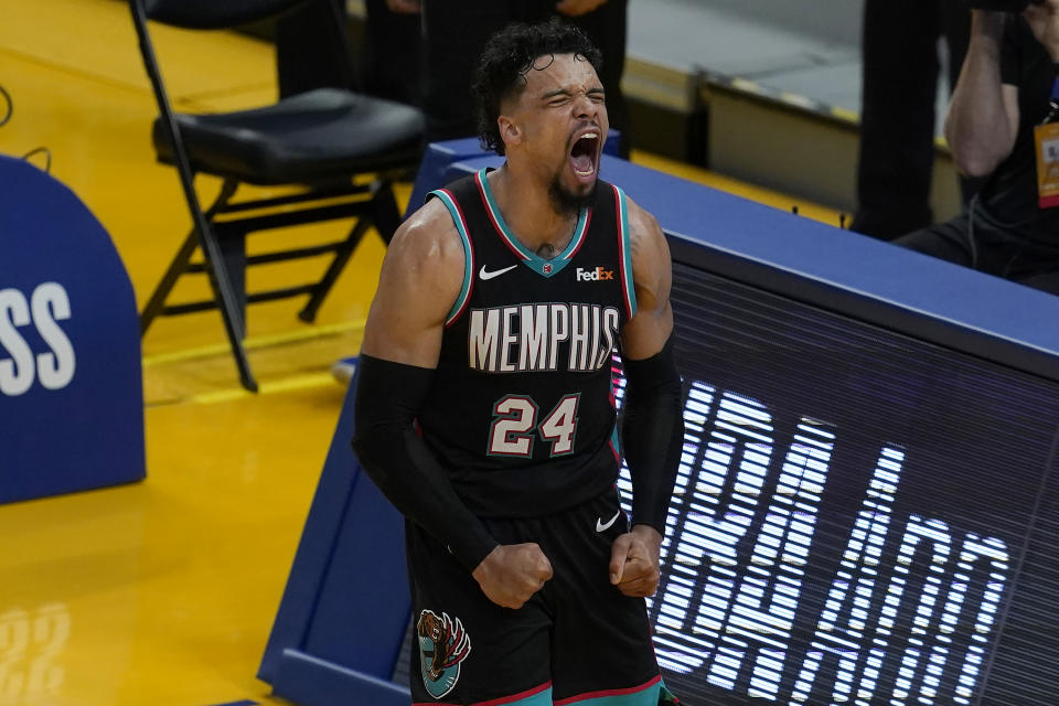 Memphis Grizzlies forward Dillon Brooks (24) reacts after scoring against the Golden State Warriors during the second half of an NBA basketball game in San Francisco, Sunday, May 16, 2021. (AP Photo/Jeff Chiu)