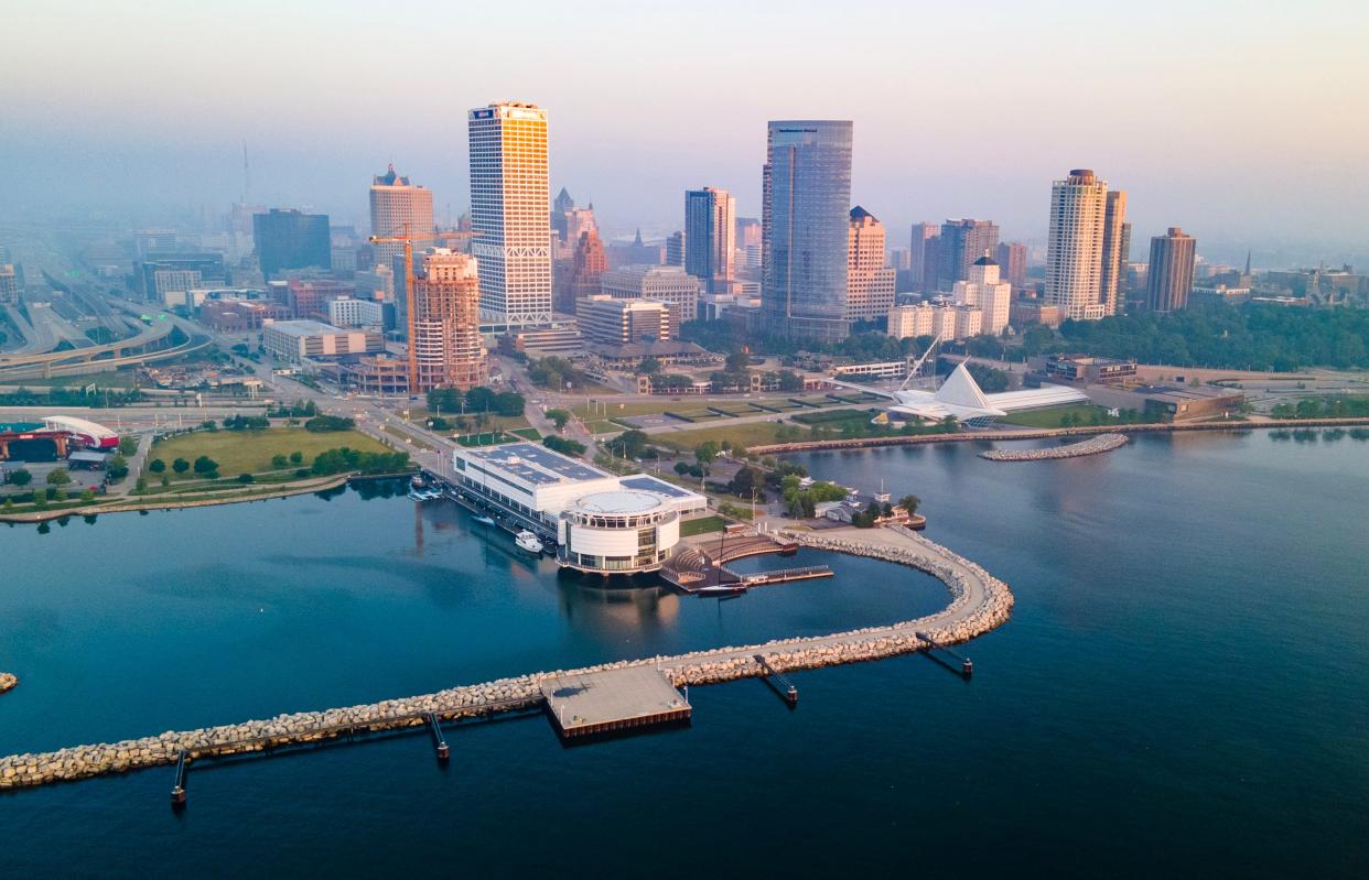The downtown Milwaukee skyline along the Lake Michigan lakefront in Milwaukee on Friday, June 30, 2023.