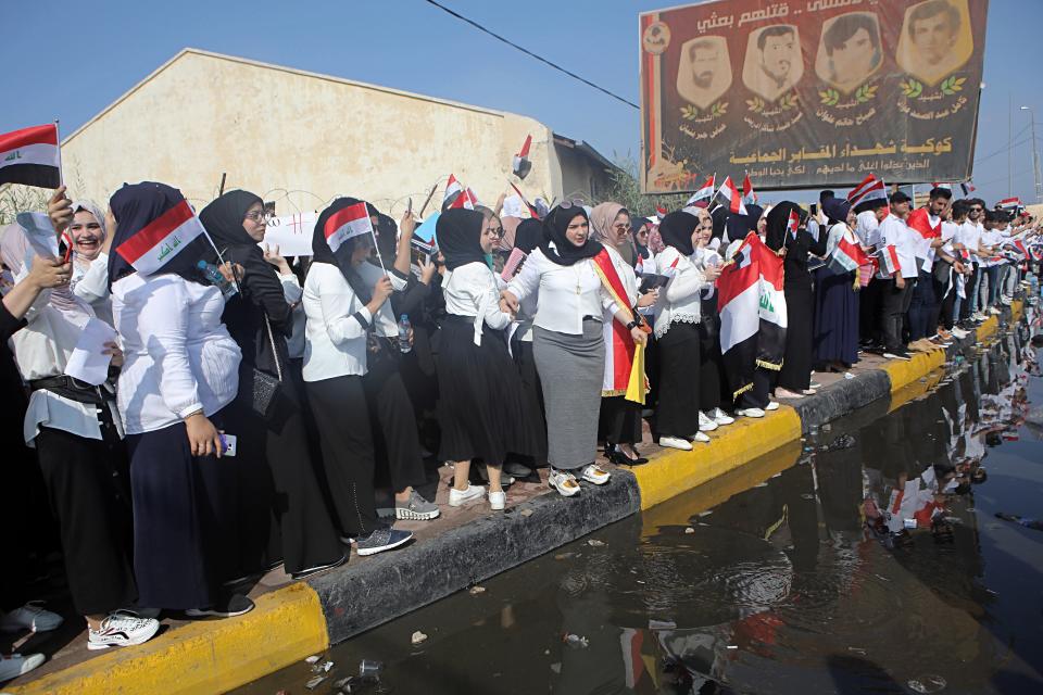 Students take part in an anti-government demonstration in Basra, Iraq, Monday, Oct. 28, 2019. Protests have resumed in Iraq after a wave of protests earlier this month were violently put down. (AP Photo/Nabil al-Jurani)