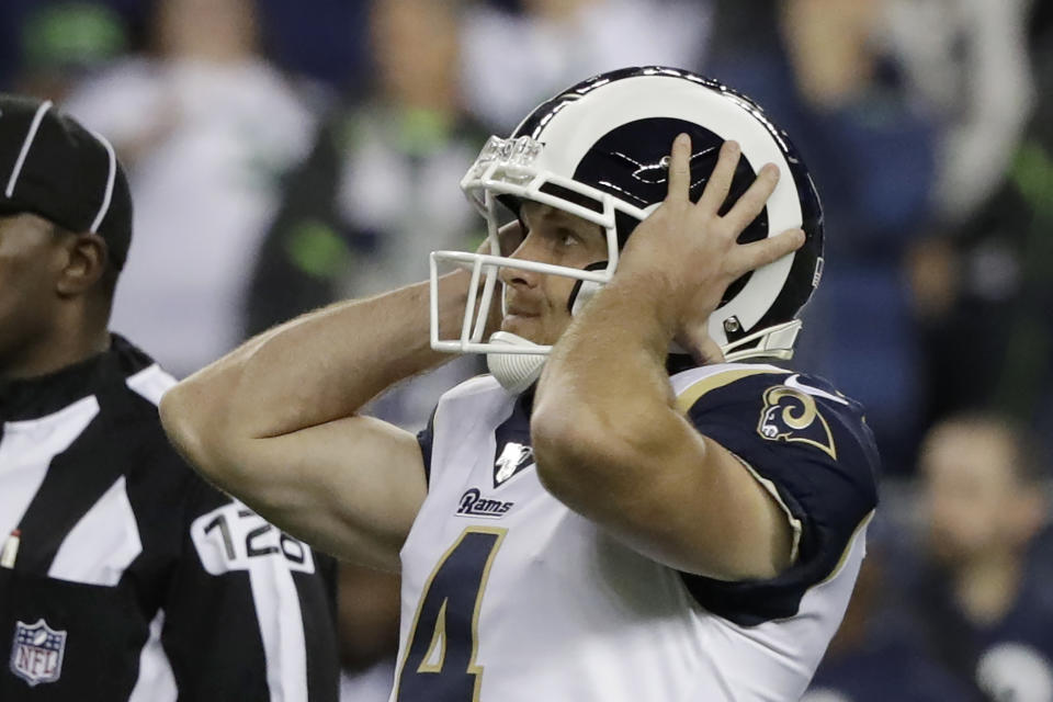 Los Angeles Rams' Greg Zuerlein reacts after he missed a field goal in the final seconds of the team's NFL football game against the Seattle Seahawks, Thursday, Oct. 3, 2019, in Seattle. The Seahawks won 30-29. (AP Photo/Elaine Thompson)