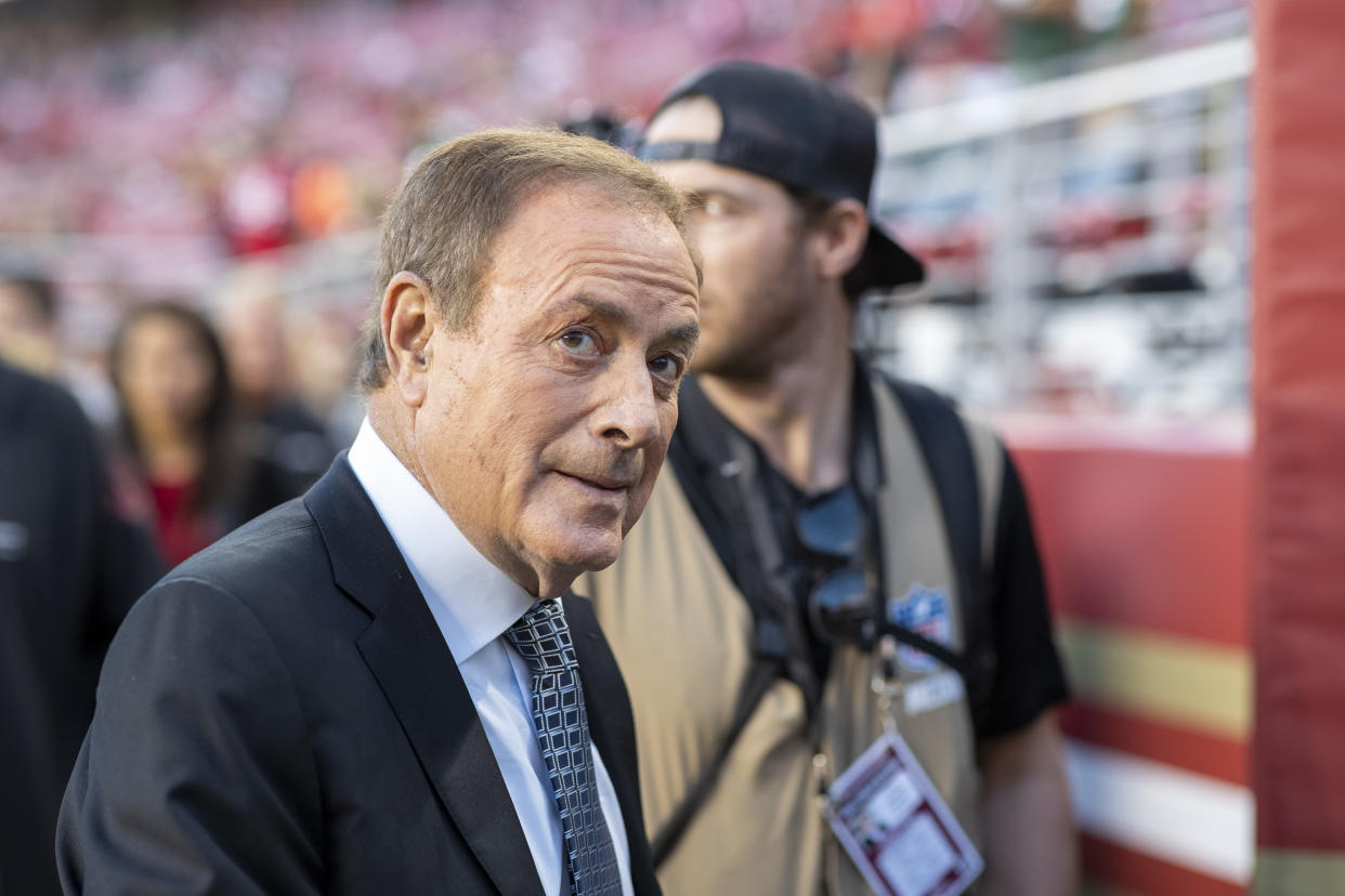 NBC commentator Al Michaels on the field during an NFL game between the San Francisco 49ers and Green Bay Packers in Santa Clara, Calif., Sunday, Nov. 24, 2019.  (Photo by Tom Hauck/Getty Images)