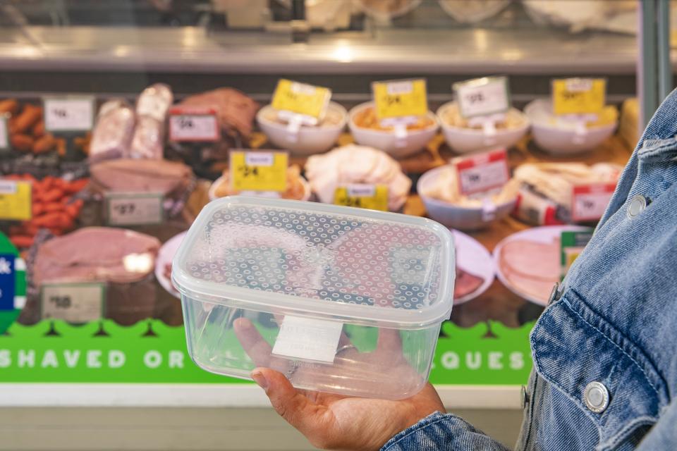 Empty reusable container in front of deli counter. Source: Dallas Kilponen/Woolworths