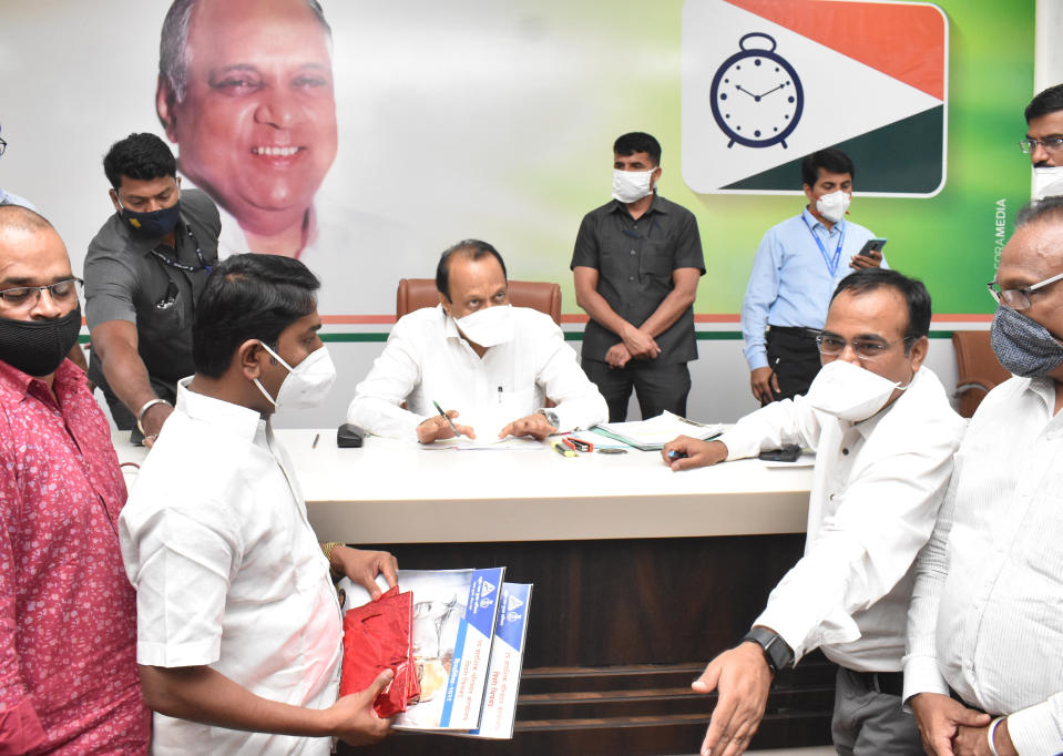 MUMBAI, INDIA - FEBRUARY 4: Ajit Pawar, Deputy Chief Minister of Maharashtra during the Janta Darbar at NCP office, Ballard Estate, on February 4, 2021 in Mumbai, India. (Photo by Anshuman Poyrekar/Hindustan Times via Getty Images)