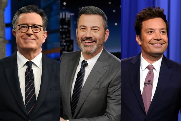 late-night-tv-returns - Credit: Scott Kowalchyk/CBS/Getty Images; Randy Holmes/ABC/Getty Images; Rosalind O'Connor/NBC/Getty Images