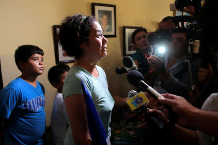 Maria Adilia Peralta, who according to local media was arrested for participating in a protest against Nicaraguan President Daniel Ortega's government, speaks with journalists after being released from La Esperanza Prison, in Masaya, Nicaragua May 20, 2019.REUTERS/Oswaldo Rivas