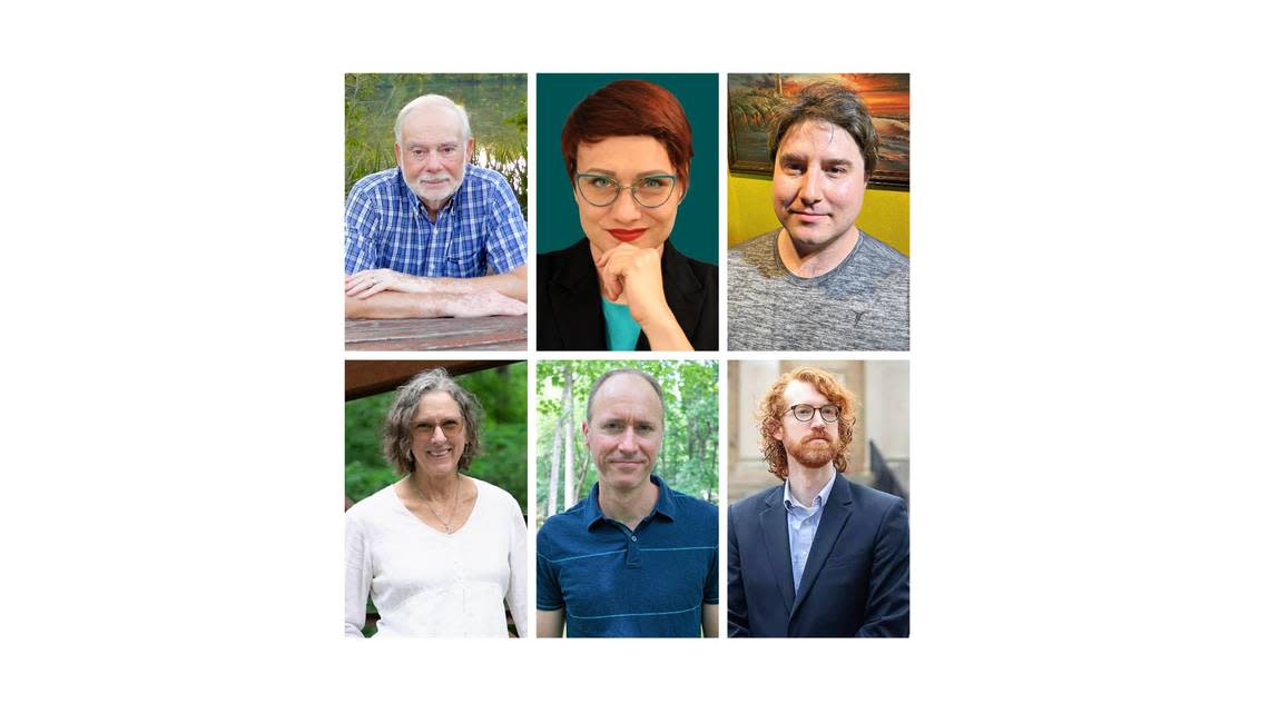 Chapel Hill Town Council candidates on the 2023 ballot, from top left, clockwise: David Adams, Breckany Eckhardt, Jeffrey Hoagland, Melissa McCullough, Jon Mitchell, and Theodore Nollert.