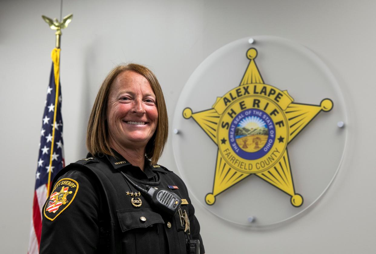 Corporal Tiffany Hedrick stands inside of the Fairfield County Sheriff's Office on April, 22, 2024, in Lancaster, Ohio. Corporal Hedrick was this year's Brett Mirkwood Award winner.