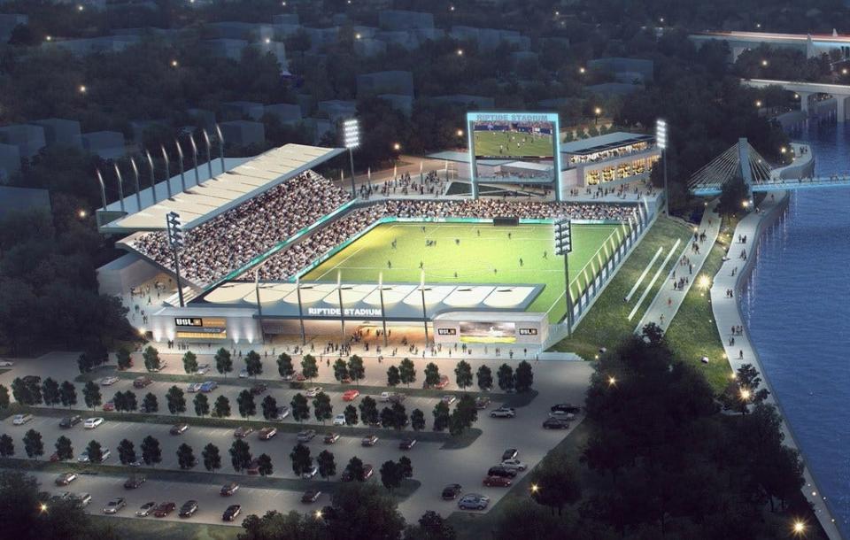 A rendering of the proposed Tidewater Landing soccer stadium – now under construction – on the west bank of the Blackstone River in Pawtucket.