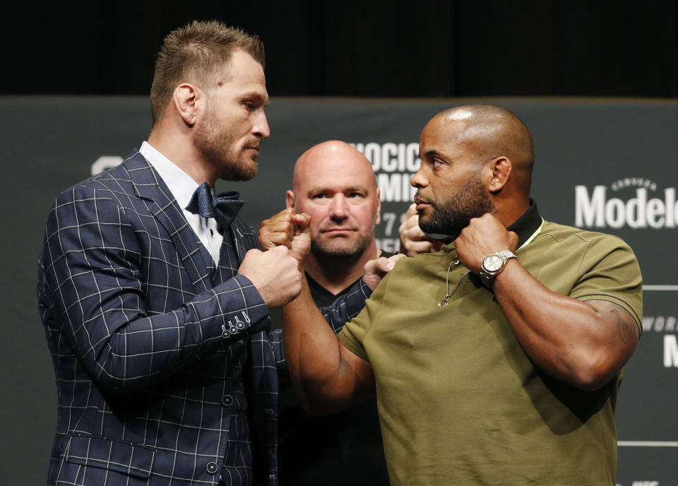 Stipe Miocic, left, and Daniel Cormier pose during a news conference for UFC 226 on Thursday in Las Vegas. (AP)