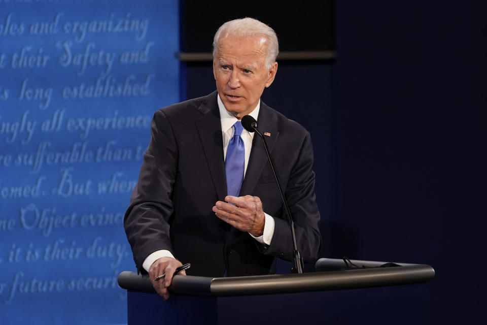 Democratic presidential candidate former Vice President Joe Biden answers a question during the second and final presidential debate Thursday, Oct. 22, 2020, at Belmont University in Nashville, Tenn. (AP Photo/Morry Gash, Pool)