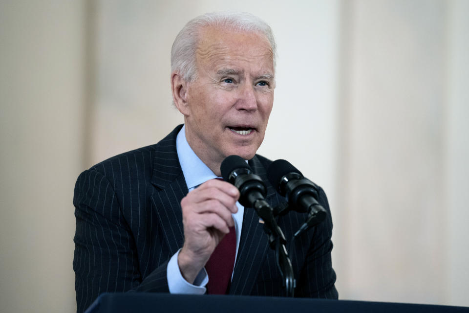 President Joe Biden speaks about the 500,000 Americans that died from COVID-19, Monday, Feb. 22, 2021, in Washington. (AP Photo/Evan Vucci)