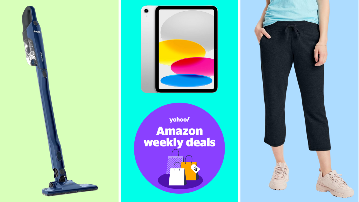 Shark stick vacuum, Apple iPad, person wearing Hanes capri pants and a badge that reads: Yahoo! Amazon weekly deals