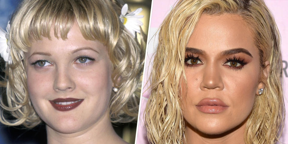 Lip liner then vs. now: Drew Barrymore in 1998/Khloe Kardashian in 2019 (Getty Images)