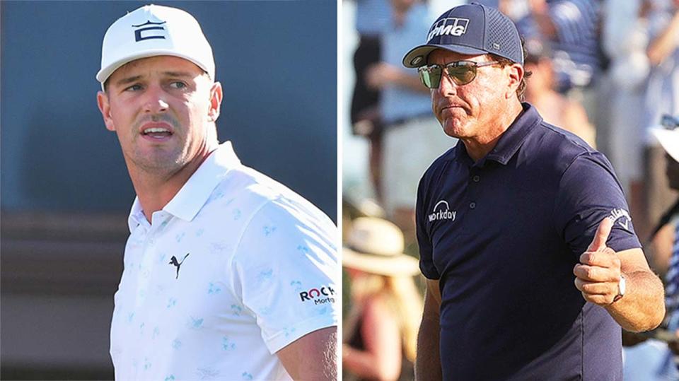 Bryson DeChambeau (pictured left) looking on after a shot and Phil Mickelson (pictured right) giving the thumbs up to the crowd.