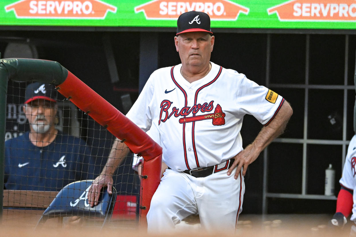 ATLANTA, GA  JUNE 17:  Atlanta manager Brian Snitker (43) reacts during the MLB game between the Detroit Tigers and the Atlanta Braves on June 17th, 2024 at Truist Park in Atlanta, GA. (Photo by Rich von Biberstein/Icon Sportswire via Getty Images)