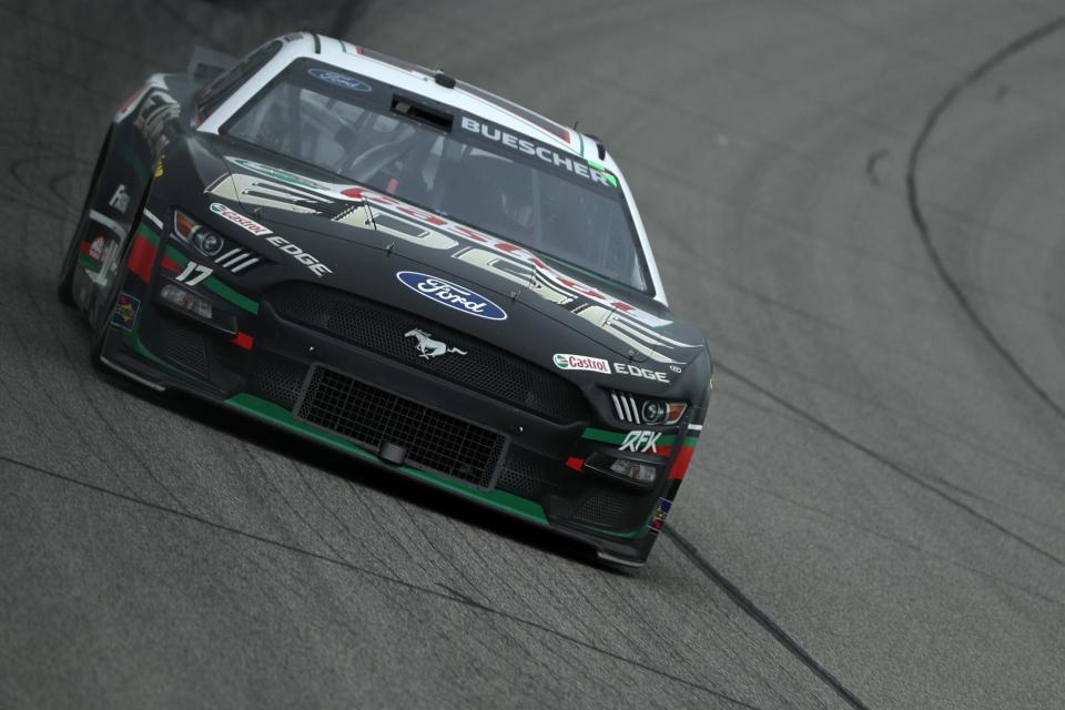 Chris Buescher (17) driver of the Castrol Edge Ford, drives during the NASCAR Cup Series FireKeepers Casino 400 at Michigan International Speedway on Aug. 7, 2023, in Brooklyn, Michigan.