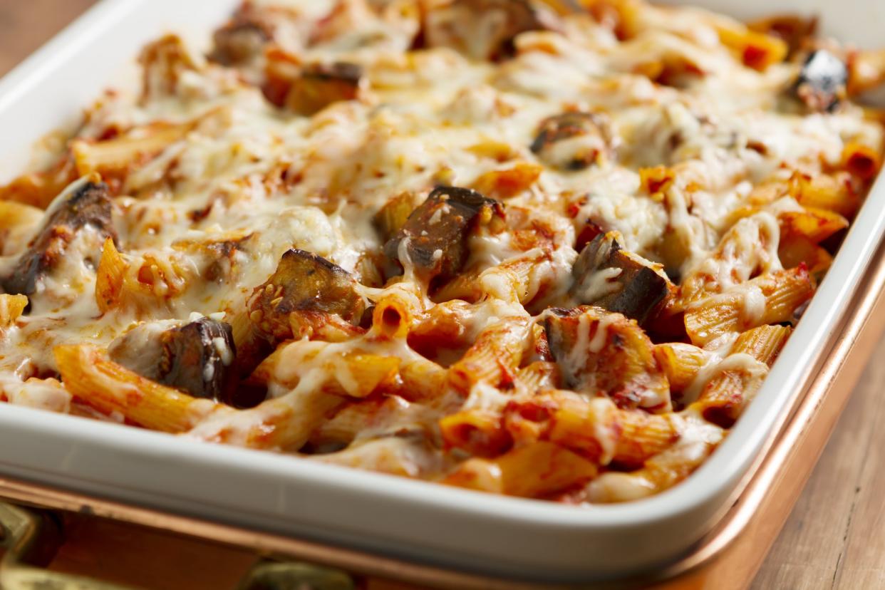 The classic Sicilian dish made with rigatoni pasta, fresh eggplant, onion, basil, olive oil, and mozzarella cheese.