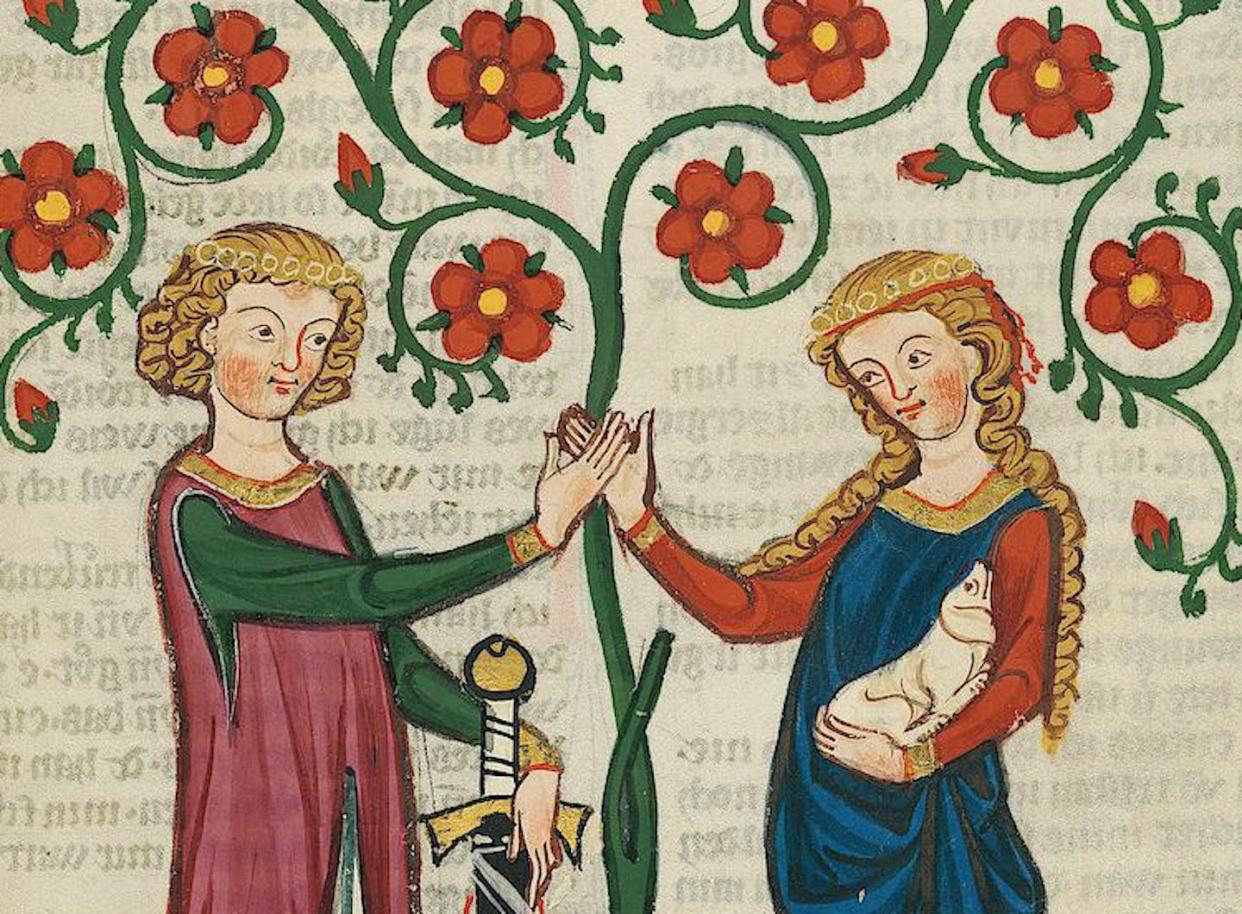 Sonnets still have a reputation for being about the unrequited love of a man for a woman. <a href="https://upload.wikimedia.org/wikipedia/commons/0/0c/Codex_Manesse_Bernger_von_Horheim.jpg" rel="nofollow noopener" target="_blank" data-ylk="slk:AndreasPraefcke/Wikimedia Commons;elm:context_link;itc:0;sec:content-canvas" class="link ">AndreasPraefcke/Wikimedia Commons</a>