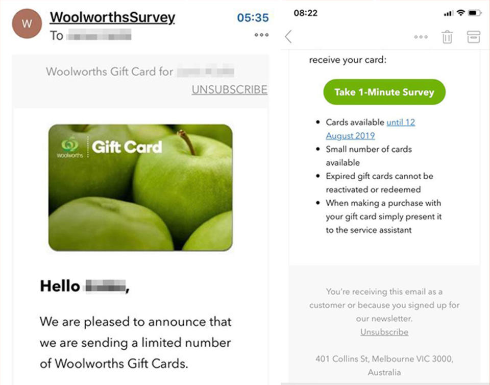 An email purportedly from Woolworths informing the recipient they have won a number of gift cards. They have to complete a survey. Woolies said it's a scam.
