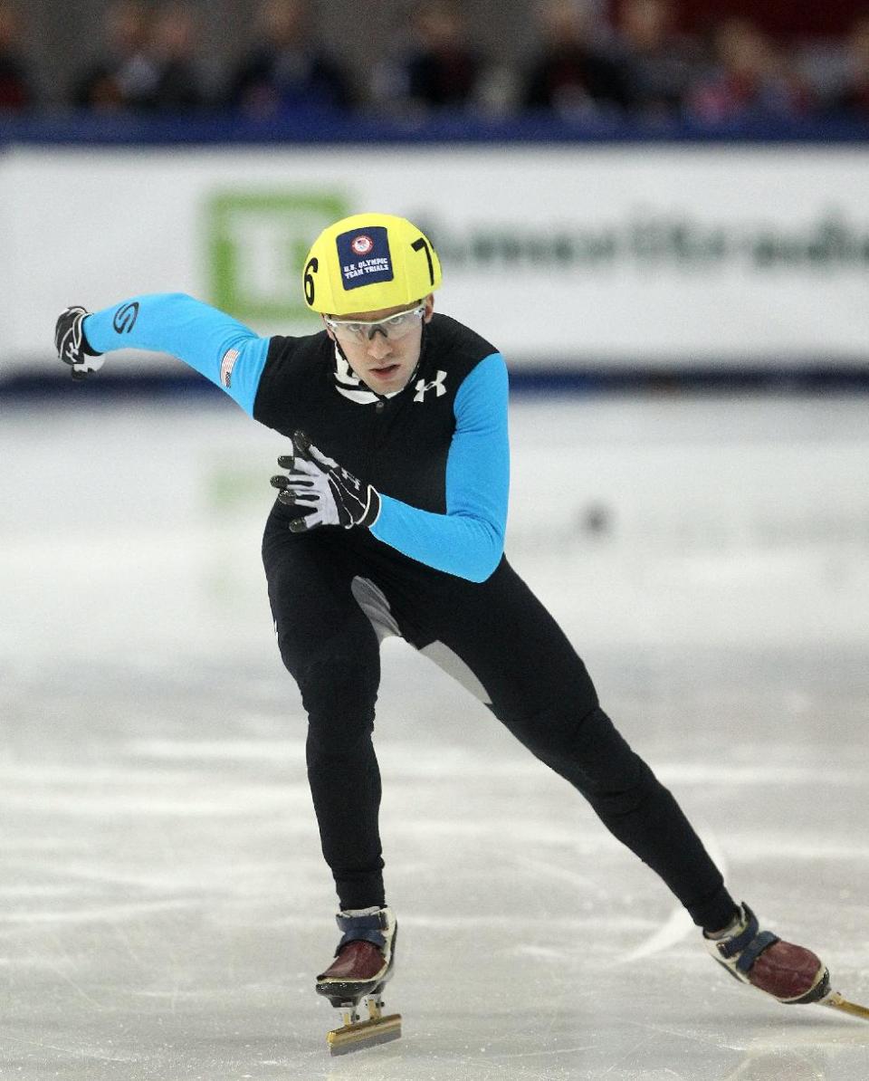 Chris Creveling competes in the men's 1,000 meters during the U.S. Olympic short track speedskating trials on Sunday, Jan. 5, 2014, in Kearns, Utah. (AP Photo/Rick Bowmer)