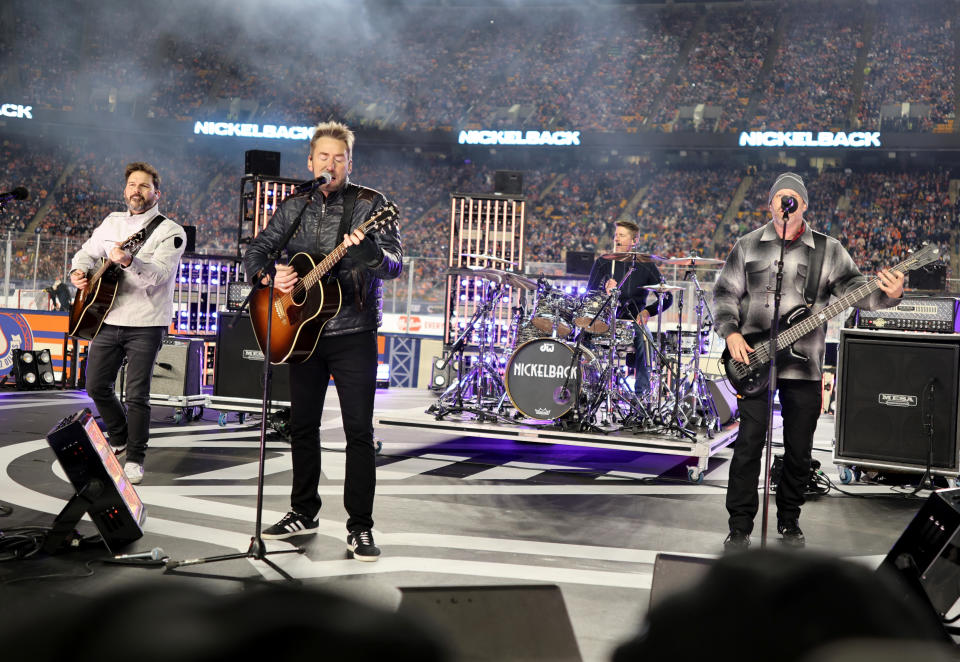 Nickelback performs during the second intermission of the 2023 Tim Hortons NHL Heritage Classic between the Calgary Flames and the Edmonton Oilers at Commonwealth Stadium on October 29, 2023 in Edmonton, Alberta. (Photo by Jonathan Kozub/NHLI via Getty Images)