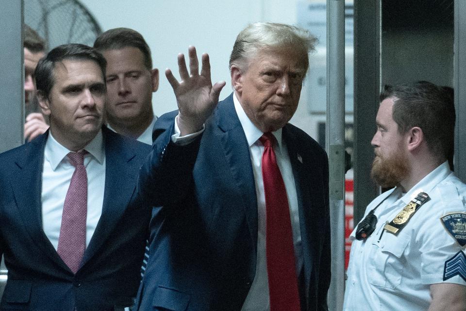 NEW YORK, NEW YORK - APRIL 15: Former U.S. President Donald Trump returns to the courtroom after a break during the start of jury selection for his trial at Manhattan Criminal Court on April 15, 2024 in New York City. Former President Donald Trump faces 34 felony counts of falsifying business records in the first of his criminal cases to go to trial. (Photo by Jeenah Moon-Pool/Getty Images) ORG XMIT: 776124939 ORIG FILE ID: 2147834816