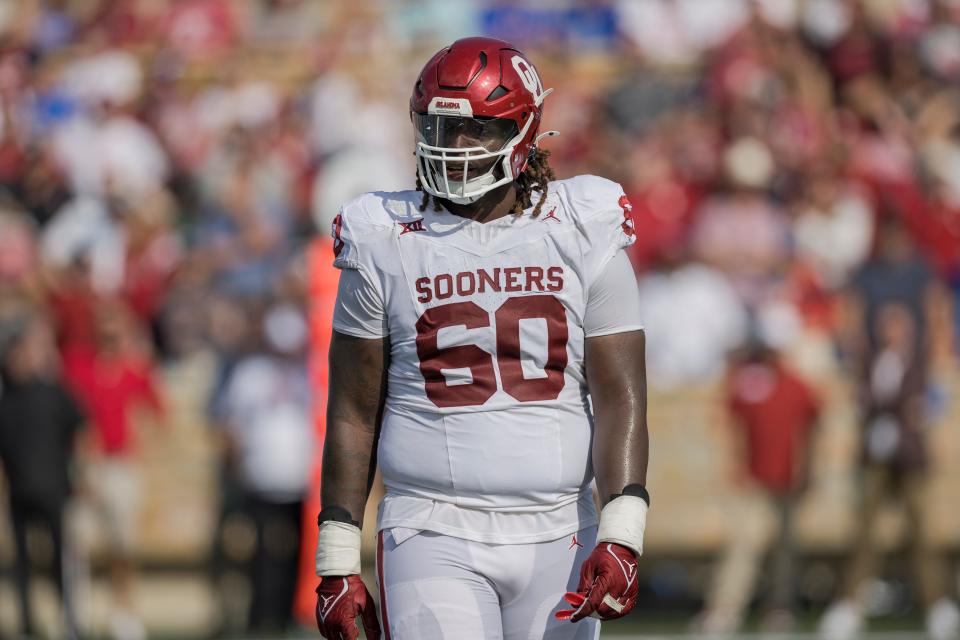 Oklahoma offensive lineman Tyler Guyton during the first half of an NCAA college football game against Tulsa.