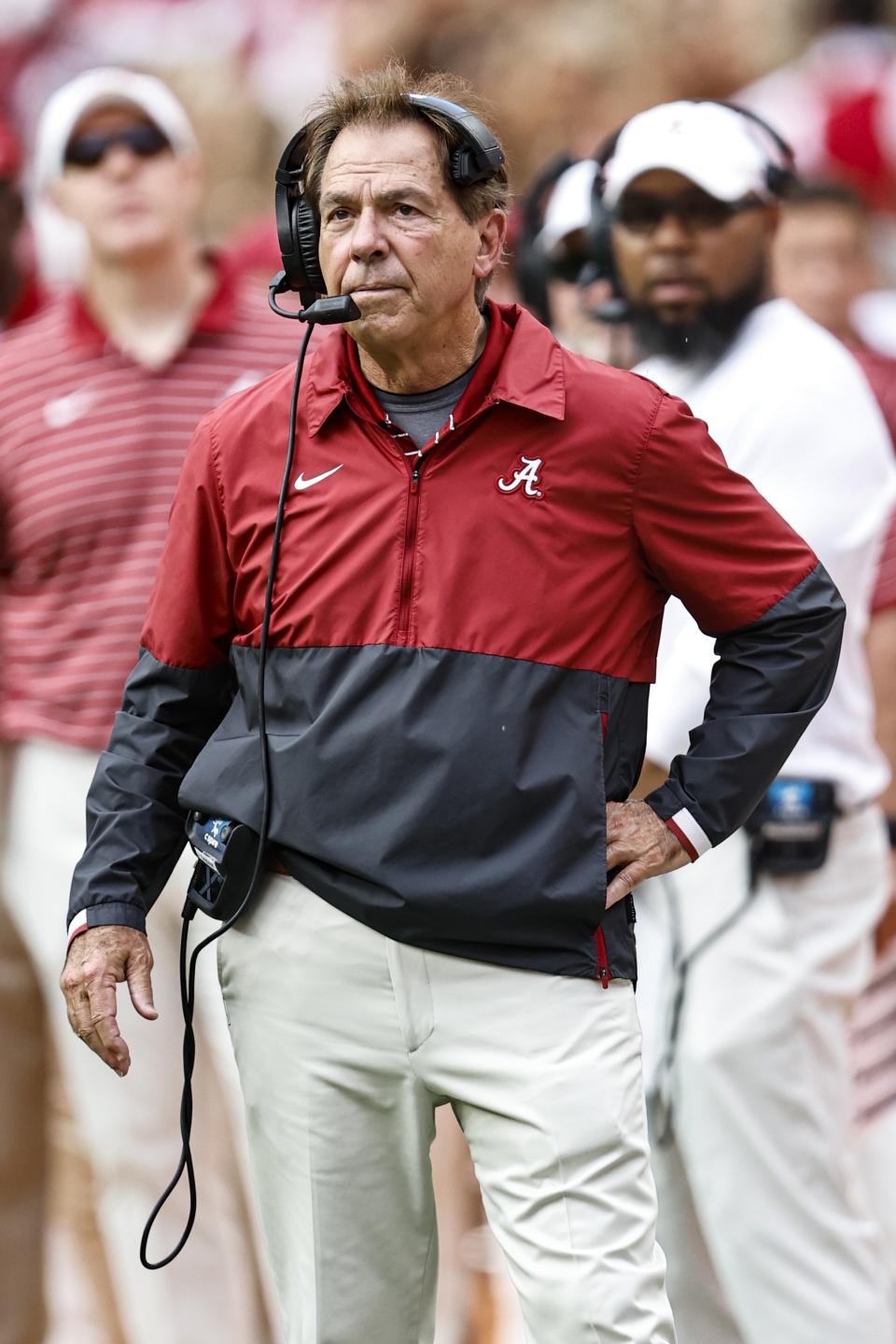 Alabama head coach Nick Saban watches his team during the first half of an NCAA college football game against Tennessee Saturday, Oct. 15, 2022, in Knoxville, Tenn. (AP Photo/Wade Payne)