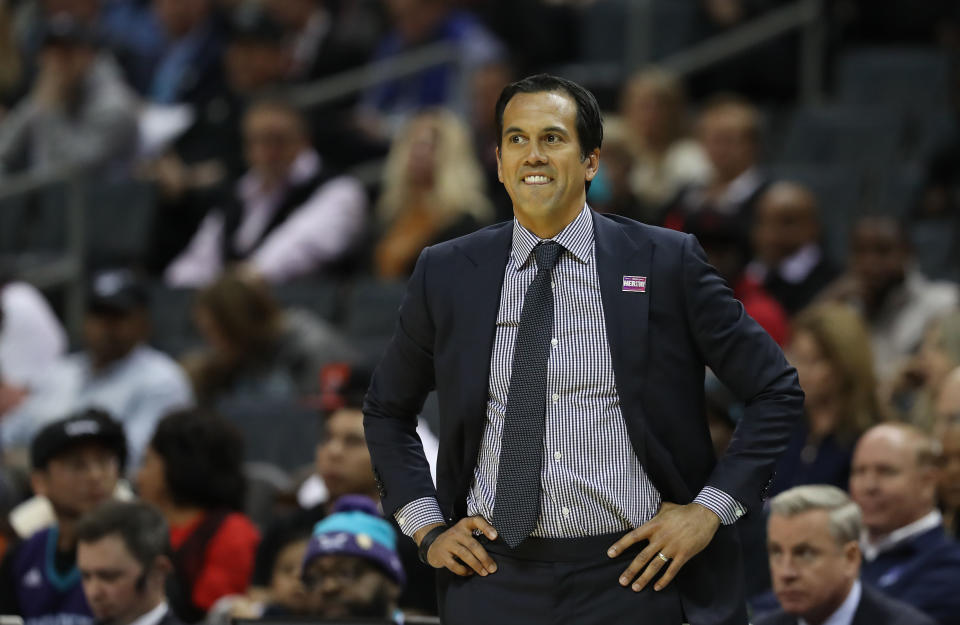 CHARLOTTE, NORTH CAROLINA - MARCH 06: Head coach Erik Spoelstra of the Miami Heat reacts against the Charlotte Hornets during their game at Spectrum Center on March 06, 2019 in Charlotte, North Carolina. NOTE TO USER: User expressly acknowledges and agrees that, by downloading and or using this photograph, User is consenting to the terms and conditions of the Getty Images License Agreement. (Photo by Streeter Lecka/Getty Images)