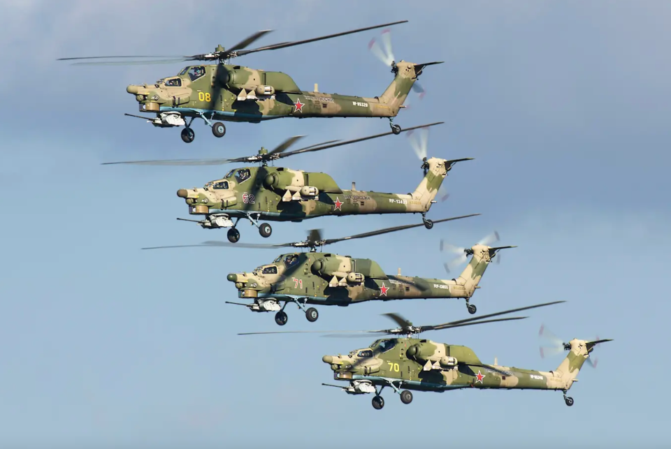 Mi-28N helicopters from the 344th State Combat Training and Flight Crew Conversion Center in Torzhok. <em>Andrei Shmatko/Wikimedia Commons</em>