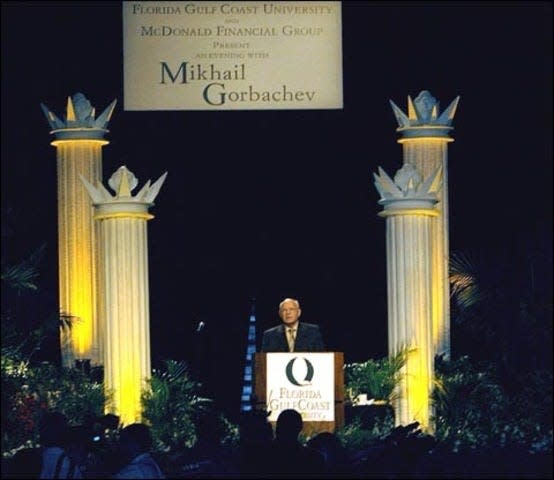 A synergy between world peace and global ecology provided the focus of former Soviet leader Mikhail GorbachevÕs address Tuesday at Florida Gulf Coast University.  Winner of the Nobel Peace Prize in 1990, Gorbachev founded the Gorbachev Foundation in 1992 and in 1993 he founded Green Cross International.  Both organizations work to bring world peace through diplomatic means and global ecology.  Photo by Jessica Waters