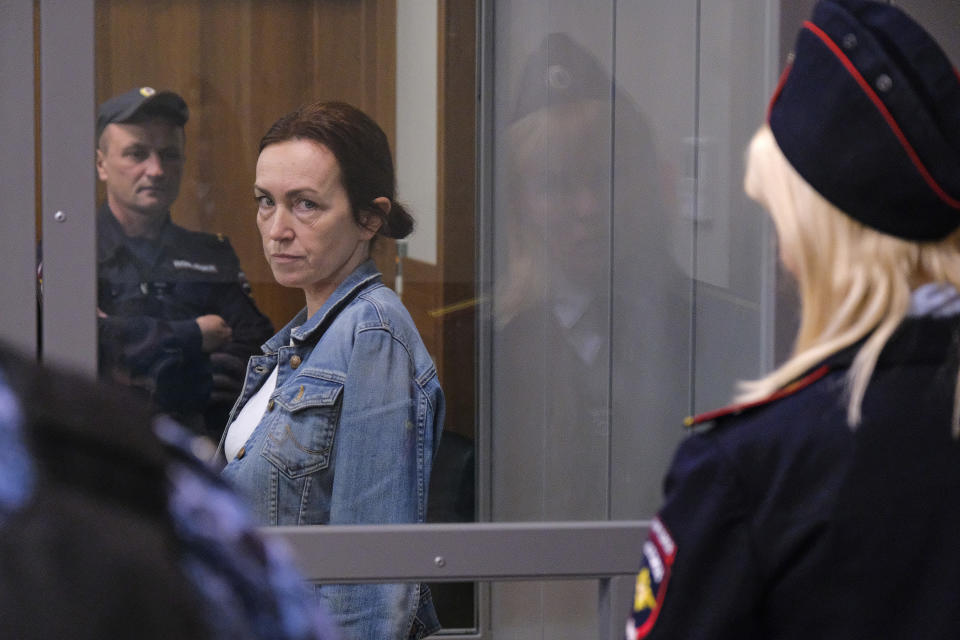 Alsu Kurmasheva, an editor for the U.S. government-funded Radio Free Europe/Radio Liberty's Tatar-Bashkir service, attends a court hearing in Kazan, Russia on Friday, May 31, 2024. A court in Russia on Friday ordered the detained Russian American journalist to be held until at least Aug. 5, pending investigation and trial, a further step in the Kremlin's crackdown on dissent and free speech. (AP Photo)