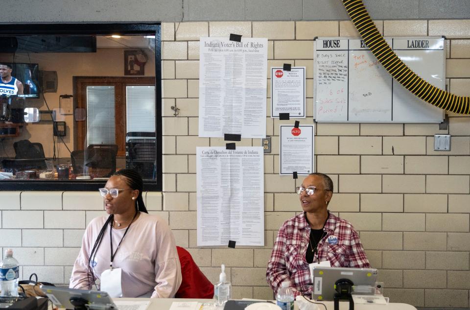 Election Clerks Kenya Webb and Deola Owens greet voters Tuesday, Nov. 7, 2023, at Indianapolis fire Department Station #30.