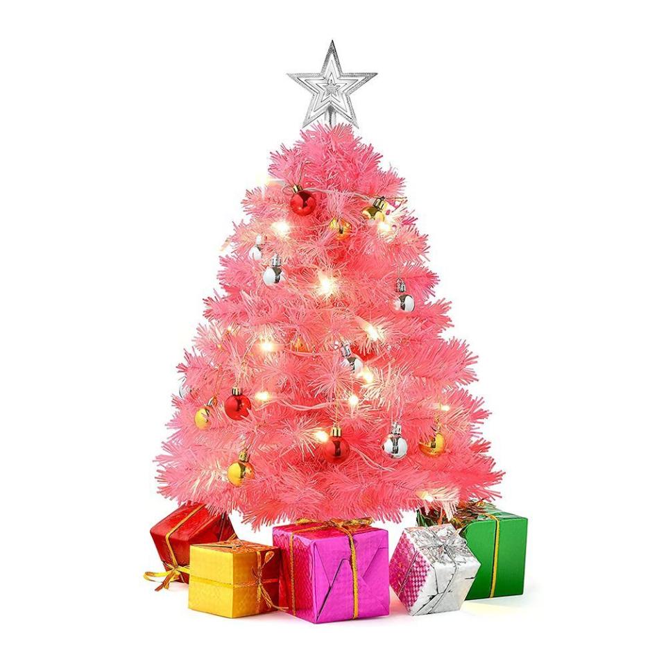 6) 23-Inch Artificial Pink Tree With White LED Lights