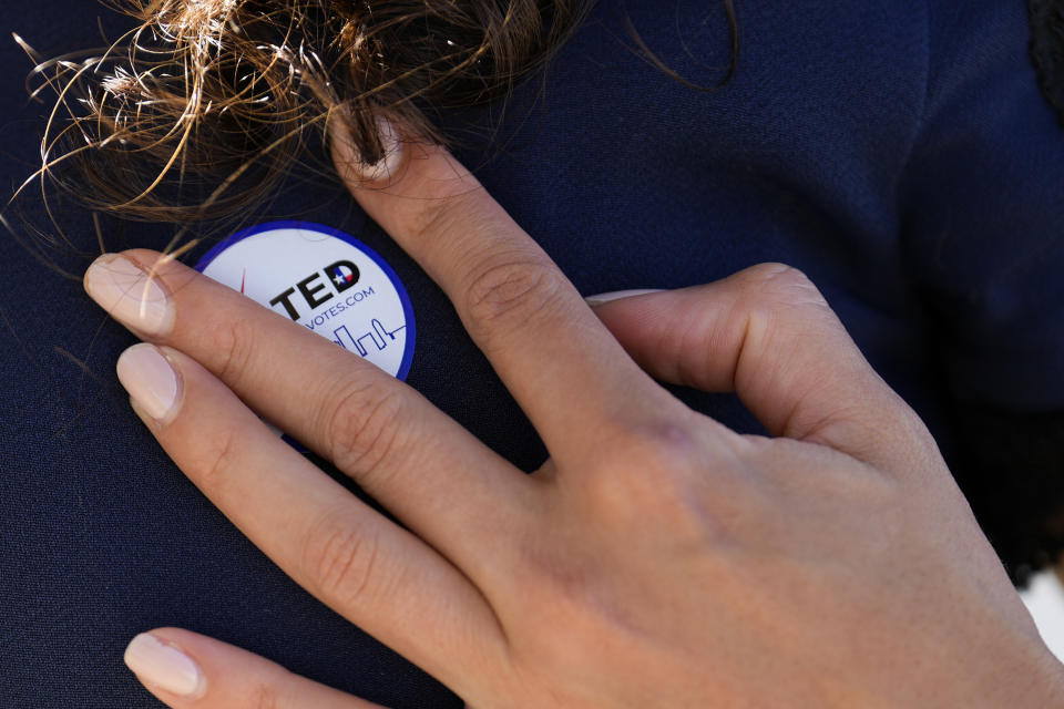 Harris County Judge Lina Hidalgo touches the "I Voted" sticker while recording a video encouraging people to vote on Election Day on Tuesday, Nov. 7, 2023 at West Gray Metropolitan Multi-Service Center in Houston. (Yi-Chin Lee/Houston Chronicle via AP)