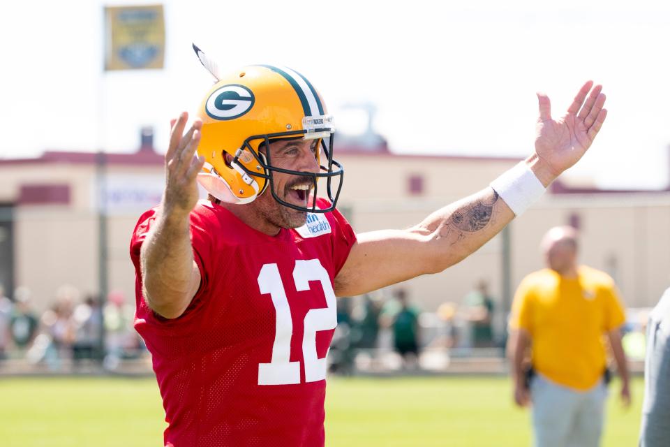 Green Bay Packers quarterback Aaron Rodgers (12) reacts during training camp on Thursday, Aug. 4, 2022, at Ray Nitschke Field in Ashwaubenon, Wis. Samantha Madar/USA TODAY NETWORK-Wis. 