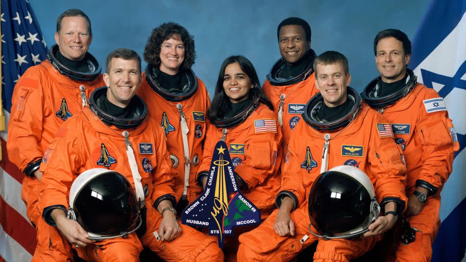 Columbia's final shuttle crew included (from left) NASA astronauts David Brown, Rick Husband, Laurel Clark, Kalpana Chawla, Michael Anderson, and William McCool and Ilan Ramon of the Israel Space Agency.  - NASA